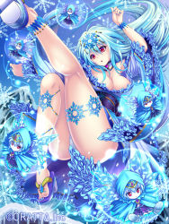 Rule 34 | 1girl, ankle cuffs, anklet, arm up, bare legs, bare shoulders, blue dress, blue hair, blue kimono, blue skirt, breasts, chloris garden, cleavage, copyright name, detached collar, dress, fairy, hair ornament, hijikawa arashi, ice, ice wings, japanese clothes, jewelry, kimono, kneepits, large breasts, legs up, long hair, long sleeves, multicolored hair, nail polish, obi, off shoulder, official art, open mouth, original, panties, red eyes, sandals, sash, silver hair, skirt, skirt set, smile, snowflake hair ornament, snowflake print, snowflakes, snowing, solo focus, thick thighs, thighs, toenail polish, toenails, toes, two-tone hair, underwear, white panties, wide sleeves, wings, wrist cuffs, yuki onna