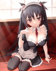 Rule 34 | 1girl, apron, arm support, between breasts, black dress, black hair, black ribbon, black thighhighs, blurry, blurry background, blush, breasts, brown eyes, cleavage, collar, collarbone, commentary request, couch, day, depth of field, detached collar, dress, frilled apron, frilled dress, frills, hair between eyes, hair bobbles, hair ornament, hair ribbon, hairclip, hand up, highres, kine-c, long hair, maid, maid headdress, medium breasts, necktie, necktie between breasts, on couch, original, parted lips, puffy short sleeves, puffy sleeves, red necktie, ribbon, short sleeves, smile, solo, sunlight, thighhighs, twintails, very long hair, waist apron, white apron, white collar, window, wing collar, wrist cuffs