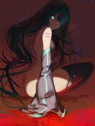 Rule 34 | 1girl, ?, ??, ass, black footwear, blue eyes, bodypaint, boots, breasts, butt crack, closed mouth, detached sleeves, from side, full body, glowing, glowing eye, hair down, hair over one eye, hatsune miku, highres, hojiro (piko519), long hair, long sleeves, looking to the side, medium breasts, sideboob, solo, squatting, thigh boots, thighhighs, twintails, very long hair, vocaloid