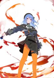 Rule 34 | 1girl, beret, blue eyes, blue hair, blue jacket, closed mouth, corrupted twitter file, feet out of frame, fire, hat, highres, hololive, hoshimachi suisei, hoshimachi suisei (streetwear), jacket, long hair, microphone, motoi (croa76), nail polish, neck ribbon, off shoulder, one side up, orange pantyhose, outstretched arm, pantyhose, ribbon, solo, thigh strap, virtual youtuber, wavy hair