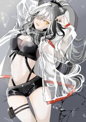 Rule 34 | 1girl, absurdres, arknights, black scarf, black shorts, breasts, cleavage, commentary request, crop top, grey background, grey hair, hair over one eye, highres, jacket, large breasts, long hair, long sleeves, looking at viewer, midriff, navel, nirutaro, open clothes, open jacket, open mouth, partial commentary, scarf, schwarz (arknights), short shorts, shorts, solo, stomach, thigh strap, thighs, very long hair, white jacket, yellow eyes