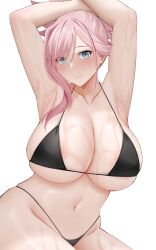 Rule 34 | 1girl, absurdres, alternate costume, arind yudha, armpits, arms up, bikini, black bikini, blue eyes, blush, breasts, cleavage, collarbone, fate/grand order, fate (series), highres, huge breasts, looking at viewer, medium hair, miyamoto musashi (fate), navel, simple background, smile, solo, stomach, swimsuit, underboob, white background