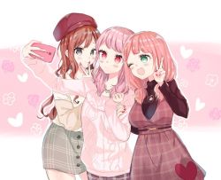 Rule 34 | 3girls, :3, ;d, arm hug, bang dream!, belt, beret, black shirt, blush, brown hair, cellphone, clenched hand, dress, green eyes, hana kon (17aaammm), hat, heart, holding, holding phone, imai lisa, long hair, long sleeves, low twintails, maruyama aya, miniskirt, multiple girls, nail polish, one eye closed, open mouth, phone, pinafore dress, pink background, pink hair, plaid, plaid dress, plaid skirt, red dress, red eyes, red hat, red nails, selfie, shirt, skirt, sleeveless, sleeveless dress, smartphone, smile, sweater, taking picture, twintails, uehara himari, v, v over mouth