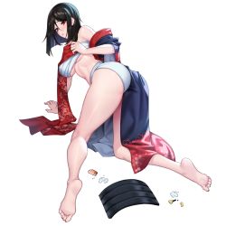 Rule 34 | 1girl, ass, barefoot, black hair, black kimono, blush, breasts, c.honey, chest sarashi, closed mouth, defeat, feet, floral print, food, full body, fundoshi, game cg, hair between eyes, highres, japanese clothes, kimono, kunoichi kaen, large breasts, last origin, legs, looking at viewer, looking back, medium hair, official alternate costume, official art, plate, red eyes, red kimono, sarashi, soles, solo, sushi, transparent background, underboob