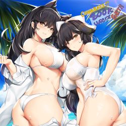 Rule 34 | 2girls, alternate costume, animal ears, ass, atago (azur lane), azur lane, bare shoulders, beach, bikini, black hair, blue sky, blush, bow, breasts, brown eyes, cloud, commentary, cowboy shot, day, extra ears, frown, hair bow, hair flaps, hair ribbon, hand on own hip, hand up, large breasts, long hair, long sleeves, looking at viewer, looking back, mole, mole under eye, multiple girls, ocean, off shoulder, one-piece swimsuit, outdoors, palm leaf, palm tree, parted lips, ponytail, ribbon, sand, shiny skin, shirt, sideboob, sidelocks, skindentation, sky, smile, sun, sunlight, swept bangs, swimsuit, takao (azur lane), takao (beach rhapsody) (azur lane), thighs, tony guisado, tree, twisted torso, undressing, very long hair, water drop, wet, white bikini, white bow, white one-piece swimsuit, white ribbon, white shirt