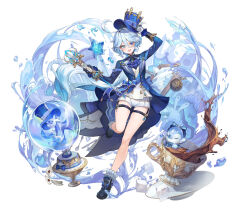 Rule 34 | 1girl, :d, absurdres, ahoge, air bubble, ascot, asymmetrical gloves, birdcage, black footwear, black gloves, blue ascot, blue bow, blue brooch, blue hat, blue jacket, blush, bow, broken mirror, bubble, cage, cup, curtains, full body, furina (genshin impact), genshin impact, gentilhomme usher, gloves, hat, heterochromia, highres, jacket, legs, long hair, mirror, mismatched gloves, multicolored hair, open mouth, pengrani, simple background, smile, socks, solo, standing, standing on one leg, streaked hair, surintendante chevalmarin, tea, teacup, two-tone hair, watch, water, white background, white footwear, white socks
