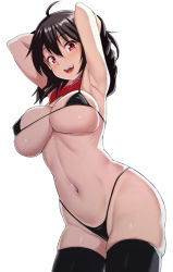 Rule 34 | 1girl, ahoge, armpits, arms behind head, bikini, black bikini, black hair, black thighhighs, bow, bowtie, breasts, cleavage, commentary request, covered erect nipples, ebi 193, hair between eyes, highleg, highleg bikini, houjuu nue, large breasts, looking at viewer, micro bikini, navel, no wings, open mouth, pink eyes, red bow, red bowtie, simple background, skindentation, smile, solo, stomach, swimsuit, thighhighs, touhou, underboob, undressing, white background