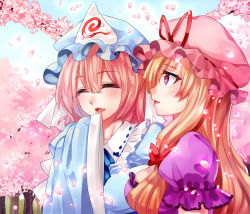 Rule 34 | 2girls, alternate headwear color, blonde hair, blue headwear, blue sky, blush, cherry blossoms, closed eyes, day, friends, from side, hair between eyes, hand to own mouth, happy, hat, hat ribbon, laughing, mob cap, multiple girls, nagare, open mouth, outdoors, pink hair, pink headwear, profile, purple eyes, red ribbon, ribbon, saigyouji yuyuko, side-by-side, sky, talking, touhou, tree, triangular headpiece, veil, yakumo yukari