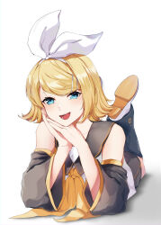 Rule 34 | 1girl, absurdres, blonde hair, blue eyes, commentary request, detached sleeves, feet up, full body, hair ornament, hairband, hairclip, highres, kagamine rin, lying, on stomach, open mouth, sailor collar, sailor shirt, shirt, smile, solo, the pose, vocaloid, white hairband, yen-mi