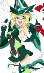 Rule 34 | 1girl, :d, akatsuki kirika, armor, blonde hair, boots, breasts, commentary request, covered navel, elbow gloves, gloves, greaves, green eyes, green leotard, headgear, highres, holding hands, kurihara kenshirou, leotard, looking at viewer, magical girl, open mouth, senki zesshou symphogear, short hair, small breasts, smile, solo focus, thigh boots, thighhighs, white background, white thighhighs