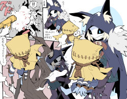 Rule 34 | !, !!, 2boys, :&gt;, animal ear fluff, animal hood, axe, bag over head, belt, black gloves, black pants, black sclera, blonde hair, blue eyes, blue shorts, blue skin, brown belt, cloak, colored sclera, colored skin, fur-trimmed cloak, fur trim, gloves, gun, hand on own cheek, hand on own face, highres, holding, holding axe, holding gun, holding weapon, hood, hood up, hooded cloak, identity v, ithaqua (identity v), long sleeves, male focus, mask, moretyauyo, multiple boys, multiple views, musical note, pants, robbie (identity v), rope around neck, shirt, short hair, shorts, simple background, single barefoot, smoke, socks, spoken exclamation mark, spoken musical note, striped clothes, striped shirt, striped socks, sweat, torn cloak, torn clothes, tree, weapon