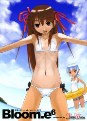 Rule 34 | 2girls, armpits, bikini, blue hair, blush, brown hair, cloud, day, fisheye, flat chest, innertube, long hair, looking at viewer, multiple girls, navel, one-piece swimsuit, one-piece tan, open mouth, original, outstretched arms, red eyes, ribs, school swimsuit, skinny, sky, spread arms, swim ring, swimsuit, tan, tanline, wading, wet, white bikini, white one-piece swimsuit, white school swimsuit, yamamoto canponi