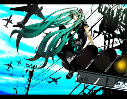 Rule 34 | 1girl, absurdres, aircraft, airplane, green eyes, green hair, hatsune miku, highres, koi wa sensou (vocaloid), letterboxed, long hair, matching hair/eyes, pantyhose, power lines, revision, sitting, smile, solo, traffic light, twintails, velzhe, very long hair, vocaloid