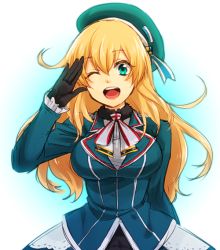 Rule 34 | 10s, 1girl, ;d, aqua eyes, atago (kancolle), black gloves, blonde hair, breasts, gloves, hat, kantai collection, lapels, large breasts, long hair, looking at viewer, military, military uniform, notched lapels, one eye closed, open mouth, personification, salute, smile, solo, tukno, uniform, wink