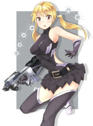 Rule 34 | 1girl, armpits, assault rifle, bare shoulders, black gloves, blonde hair, blush, boots, brown eyes, bullpup, carbine, chestnut mouth, elbow gloves, gloves, gun, long hair, looking at viewer, magazine (weapon), magpul, magpul pdr, magpul pdr-c, original, personal defense weapon, pleated skirt, prototype design, rifle, short-barreled rifle, skirt, solo, submachine gun, tamakaga, thigh boots, thighhighs, twintails, weapon, zettai ryouiki