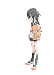 Rule 34 | 1girl, black sailor collar, black skirt, black socks, braid, brown cardigan, cardigan, expressionless, from side, full body, glasses, half-closed eyes, hands in pockets, highres, kneehighs, kokaki mumose, long hair, long sleeves, looking ahead, miniskirt, neck ribbon, null-meta, open cardigan, open clothes, profile, red ribbon, ribbon, sailor collar, shirt, shoes, simple background, skirt, socks, solo, souen chiaki, standing, uwabaki, white background, white shirt, yellow eyes