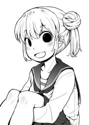 Rule 34 | 1girl, 4shi, :d, bags under eyes, blush, commentary request, dango-chan (4shi), dirty, dirty clothes, drooling, greyscale, hair bun, highres, hollow eyes, hugging own legs, knees up, long sleeves, looking at viewer, monochrome, neckerchief, open mouth, original, pleated skirt, sailor collar, school uniform, serafuku, shirt, short hair, sitting, skirt, smile, solo, stain, thumbnail surprise, transparent background