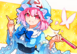 Rule 34 | 1girl, bad id, bad twitter id, blue hat, blue kimono, blush, folding fan, frilled kimono, frilled sleeves, frills, hair between eyes, hand fan, hat, highres, holding, holding fan, japanese clothes, kimono, long sleeves, mob cap, open mouth, pink eyes, pink hair, qqqrinkappp, saigyouji yuyuko, short hair, smile, solo, touhou, traditional media, triangular headpiece, upper body, wide sleeves