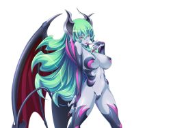 Rule 34 | 1girl, areola slip, black lilith, blue skin, breasts, colored skin, demon girl, fingernails, game cg, green hair, horns, large breasts, lipstick, long fingernails, long hair, mahou shoujo fairy knights, makeup, midare, monster girl, nobushito kuro, simple background, solo, tail, thighhighs, wings, yellow eyes