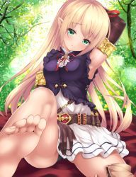 Rule 34 | 1girl, arisa (shadowverse), arm behind head, armpits, artist request, backlighting, barefoot, black panties, blonde hair, covering crotch, covering privates, day, elbow gloves, feet, foot focus, frilled vest, frills, frown, gloves, green eyes, head tilt, leg up, long hair, long toenails, looking at viewer, panties, pantyshot, pointy ears, pov, shadowverse, shoes, sitting, soles, solo, toenails, toes, underwear, unworn shoes, vest