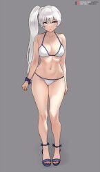 Rule 34 | 1girl, :o, absurdres, bare legs, bikini, bluefield, breasts, commentary, duplicate, english commentary, full body, grey background, grey eyes, high heels, highres, legs, medium breasts, navel, parted lips, patreon username, photoshop (medium), rwby, sandals, scar, scar across eye, scar on face, scrunchie, side ponytail, simple background, solo, stomach, strappy heels, swimsuit, thighs, toenails, toes, twitter username, weiss schnee, white bikini, white hair, wrist scrunchie