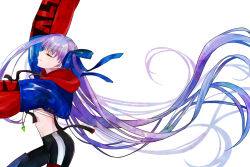 Rule 34 | 1girl, absurdres, arm up, closed eyes, fate/grand order, fate (series), hair ribbon, heroic spirit tour outfit, highres, hood, hooded jacket, hotaru (candy), jacket, long hair, meltryllis (fate), midriff, profile, purple hair, ribbon, smile, very long hair, white background