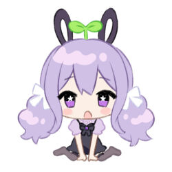 Rule 34 | 1girl, :o, animal ears, black dress, blush stickers, bow, brown thighhighs, chibi, chitosezaka suzu, dress, full body, hair bow, long hair, looking at viewer, open mouth, original, over-kneehighs, puffy short sleeves, puffy sleeves, purple eyes, purple hair, purple shirt, rabbit ears, sapling, shirt, short sleeves, simple background, sitting, sleeveless, sleeveless dress, solo, star-shaped pupils, star (symbol), symbol-shaped pupils, thighhighs, very long hair, wariza, white background, white bow