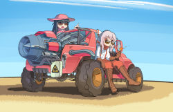 Rule 34 | 2girls, absurdres, boots, bow, brown footwear, brown gloves, car, combat boots, contemporary, cross-laced footwear, desert, engine, flammable sign, fujiwara no mokou, gas tank, gloves, hair bow, hat, highres, houraisan kaguya, index finger raised, joeychen, knee boots, lace-up boots, looking over eyewear, matches, motor vehicle, multiple girls, outdoors, pants, shadow, sign, sitting, sky, smoking, sun hat, sunglasses, suspenders, tire, touhou, vehicle focus, warning sign