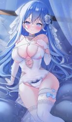 Rule 34 | 1girl, bad id, bad twitter id, bare shoulders, blue eyes, blue hair, blush, breasts, cleavage, collarbone, emori miku, flower, hair ornament, highres, large breasts, leotard, liver city, long hair, looking at viewer, ribbon, smile, solo, thighs, underwear, very long hair, yoruhoshi owl