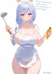 Rule 34 | 1girl, animal ear fluff, animal ears, apron, blue hair, braid, breasts, carrot, closed mouth, commentary, english commentary, english text, hair between eyes, highres, holding, holding carrot, holding ladle, hololive, huge breasts, ladle, long hair, looking at viewer, mature female, naked apron, nutsbutty, pekomama, rabbit-shaped pupils, rabbit ears, rabbit girl, red eyes, single braid, smile, symbol-shaped pupils, thighs, twitter username, virtual youtuber, white background, white hair
