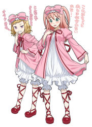 Rule 34 | 2girls, :d, ankle lace-up, blonde hair, bloomers, blush, bow, clothes lift, commentary request, cosplay, cross-laced footwear, dress, dress lift, fang, green eyes, grin, hair bow, hand on own cheek, hand on own chest, hand on own face, hinaichigo, hinaichigo (cosplay), ichikawa masahiro, juliet sleeves, lifted by self, long hair, long sleeves, minami koharu, multiple girls, name connection, nemoto hina, no socks, open mouth, pink bow, pink dress, pink hair, puffy sleeves, purple eyes, red footwear, red ribbon, ribbon, rozen maiden, shoes, short hair, simple background, smile, teeth, translation request, two side up, underwear, uneven eyes, watashi ga motenai no wa dou kangaetemo omaera ga warui!, wavy hair, white background, white bloomers