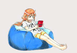 Rule 34 | absurdres, barefoot, bean bag chair, blush, brown eyes, clothes writing, commentary request, full body, futaba anzu, green shorts, grey background, handheld game console, highres, holding, idolmaster, idolmaster cinderella girls, legs, legs together, long hair, low twintails, multicolored stripes, nintendo ds, open mouth, orange hair, orange shorts, seto yuuki (splinter 123), shirt, short sleeves, shorts, sidelocks, simple background, striped clothes, striped shorts, t-shirt, toenails, toes, translation request, twintails, v-shaped eyebrows, white shirt, yellow shorts