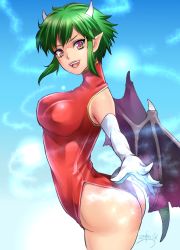 Rule 34 | 1girl, arched back, ass, breasts, china dress, chinese clothes, demon girl, demon wings, draco centauros, elbow gloves, gloves, green eyes, green hair, highres, horns, leotard, looking at viewer, madou monogatari, medium breasts, miura hajime, open mouth, pink eyes, pointing, pointing at viewer, pointy ears, puyopuyo, short hair, side slit, signature, smile, solo, standing, tail, thighs, tongue, white gloves, wings, yellow eyes