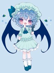 Rule 34 | 1girl, :3, absurdres, aqua background, ascot, bandaid, bandaid on knee, bandaid on leg, bat wings, blue ascot, blue bow, blue brooch, blue footwear, blue gloves, blush, bow, brooch, chibi, collared shirt, commentary request, curly hair, elbow gloves, fang, flower, frilled shirt, frilled shirt collar, frilled skirt, frilled socks, frills, gloves, green hat, green shirt, green skirt, hand up, hat, hat bow, highres, jewelry, looking at viewer, mob cap, open mouth, pleated skirt, puffy short sleeves, puffy sleeves, purple hair, red eyes, remilia scarlet, renakobonb, shirt, shoes, short hair, short sleeves, simple background, skirt, socks, solo, tongue, touhou, white socks, wings