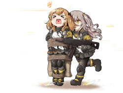 Rule 34 | &gt; &lt;, 2girls, 404 logo (girls&#039; frontline), armband, boots, bound, brown hair, crying, fang, girls&#039; frontline, grey hair, gun, h&amp;k ump, heart, heart in mouth, human shield, kaho (amal135), multiple girls, one side up, rope, running, submachine gun, tearing up, twintails, ump45 (girls&#039; frontline), ump9 (girls&#039; frontline), weapon, yellow eyes