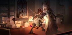 Rule 34 | absurdres, arknights, black footwear, black jacket, black pants, book, book stack, brown hair, character request, dongsheng, dress, fire, fireplace, grey hair, hand on another&#039;s shoulder, highres, holding, holding sword, holding weapon, horns, indoors, jacket, long hair, long sleeves, multicolored hair, open mouth, pants, pointy ears, puffy long sleeves, puffy sleeves, quill, red eyes, red hair, shoes, sword, tail, theresa (arknights), two-handed, two-tone hair, very long hair, weapon, white dress, window