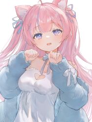 Rule 34 | 1girl, absurdres, ahoge, animal ears, blue hair, blue ribbon, breasts, cleavage, cleavage cutout, clothing cutout, hair ribbon, highres, indie virtual youtuber, itigori ena, long hair, looking at viewer, marulire, medium breasts, multicolored hair, open mouth, purple eyes, ribbon, simple background, solo, two-tone hair, virtual youtuber, white background