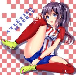 Rule 34 | 1girl, :d, aikawa fuuri, blue eyes, blue shorts, checkered background, looking at viewer, mokufuu, open mouth, original, red shirt, red thighhighs, shirt, shoes, shorts, smile, soccer, soccer uniform, solo, sportswear, spread legs, t-shirt, thighhighs, white background, yellow footwear