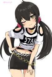 Rule 34 | 1girl, black choker, black hair, black skirt, blush, breasts, choker, closed mouth, clothing cutout, collarbone, cowboy shot, dot nose, gold bracelet, hair between eyes, hair ornament, hair scrunchie, hand on own hip, hand on own leg, highres, idolmaster, idolmaster cinderella girls, idolmaster cinderella girls starlight stage, long hair, looking at viewer, matoba risa, miniskirt, navel, one eye closed, pencil skirt, red scrunchie, roccamoya, scrunchie, shirt, short sleeves, shoulder cutout, simple background, skirt, small breasts, smile, solo, standing, twintails, twitter username, white background, white shirt, yellow eyes