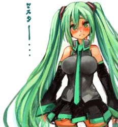 Rule 34 | 1girl, bare shoulders, blush, breasts, detached sleeves, gradient hair, green eyes, green hair, hatsune miku, large breasts, long hair, looking at viewer, multicolored hair, necktie, nose blush, oekaki, pleated skirt, sachito, simple background, skirt, solo, very long hair, vocaloid, white background