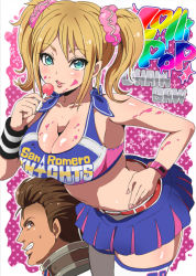 Rule 34 | 1boy, 1girl, aqua eyes, bad id, bad pixiv id, belt, blonde hair, blood, blood on face, breasts, brown eyes, brown hair, candy, cheerleader, cleavage, clothes writing, copyright name, couple, crop top, eyelashes, food, grasshopper manufacture, green eyes, grin, hand on own hip, huge breasts, juliet starling, large breasts, lollipop, lollipop chainsaw, long hair, looking at another, midriff, miniskirt, navel, nick carlyle, open mouth, polka dot, polka dot background, scrunchie, severed head, short hair, skirt, smile, solo focus, sweatdrop, thighhighs, twintails, watch, white thighhighs, wristband, wristwatch, yuuga (cherrybomb-g)