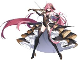 Rule 34 | 1girl, absurdres, bare shoulders, black thighhighs, bow (music), counter:side, dress, full body, garter straps, hair ornament, high heels, highres, holding, holding bow (music), holding instrument, instrument, long hair, looking at viewer, official art, pink eyes, pink hair, revealing clothes, shena (counter:side), tachi-e, tattoo, thighhighs, transparent background, very long hair