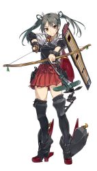Rule 34 | aircraft, airplane, arrow (projectile), bow (weapon), dark green hair, drawing bow, flight deck, full body, gloves, green eyes, hair tie, high heels, highres, holding bow (weapon), kantai collection, konishi (koconatu), machinery, muneate, official art, partially fingerless gloves, partly fingerless gloves, smile, solo, thighhighs, transparent background, twintails, weapon, yugake, zettai ryouiki, zuikaku (kancolle)