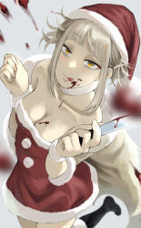 Rule 34 | 1girl, absurdres, alternate costume, bags under eyes, bare shoulders, black footwear, blonde hair, blood, blood on breasts, blood on face, blood splatter, bloody knife, blunt bangs, boku no hero academia, boots, breasts, christmas, cleavage, double bun, dress, fengling (furin-jp), fur-trimmed boots, fur-trimmed dress, fur trim, hair bun, hat, highres, holding, holding knife, knife, looking at viewer, medium breasts, messy hair, narrowed eyes, red dress, red hat, santa dress, santa hat, short hair, sidelocks, slit pupils, solo, toga himiko, tongue, tongue out, yellow eyes