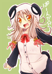 Rule 34 | 1girl, :d, animal costume, bell, blush, bow, bowtie, commentary request, cowboy shot, flower in eye, green background, hair bell, hair between eyes, hair ornament, hair ribbon, hood, hood up, jingle bell, kaitenru kenja no shuraibuvuare, long hair, looking at viewer, onesie, open mouth, orange eyes, outline, panda costume, pink hair, red bow, red bowtie, red ribbon, ribbon, shindo hachigo, sidelocks, smile, solo, symbol in eye, translation request, white outline