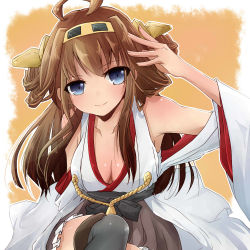 Rule 34 | 10s, 1girl, ahoge, bare shoulders, black thighhighs, blue eyes, boots, breasts, brown hair, cleavage, detached sleeves, double bun, hair bun, hair ornament, hairband, headgear, japanese clothes, kantai collection, kongou (kancolle), large breasts, long hair, looking at viewer, nano (177101055), nano (cherry line), nontraditional miko, open mouth, personification, pleated skirt, skirt, smile, solo, thigh boots, thighhighs, zettai ryouiki