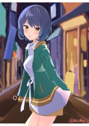 Rule 34 | 1girl, :o, absurdres, arms behind back, blue hair, blush, bob cut, breasts, collared jacket, collared shirt, dot nose, from side, gradient hair, green jacket, highres, idoly pride, igawa aoi, jacket, legs together, letterboxed, looking at viewer, medium breasts, multicolored hair, open clothes, open jacket, open mouth, raised eyebrows, rj edward (artist), shirt, short hair, skirt, solo, thighs, watermark, white shirt, white skirt, yellow eyes