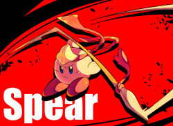 Rule 34 | black background, blue eyes, blush stickers, closed mouth, colored skin, commentary request, copy ability, drop shadow, english text, forehead protector, frown, headband, holding, holding polearm, holding weapon, kirby, kirby (series), looking at viewer, nintendo, no humans, petals, pink skin, polearm, red background, red footwear, red headband, shirushiki, shoes, slashing, solo, spear, spear kirby, two-tone background, v-shaped eyebrows, weapon