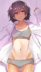 Rule 34 | 1girl, arm up, black hair, blush, bra, breasts, brown eyes, closed mouth, collarbone, collared shirt, copyright request, cowboy shot, expressionless, from above, gluteal fold, grey bra, grey panties, hair between eyes, isshiki (ffmania7), long sleeves, looking at viewer, looking up, lying, midriff, navel, on back, one-piece tan, open clothes, open shirt, panties, shirt, short hair, sketch, small breasts, solo, stomach, tan, tanline, underwear, white shirt, wing collar