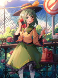 Rule 34 | 1girl, antique phone, black hat, blue sky, blush, bow, buttons, chinese commentary, cloud, commentary request, day, diamond button, flower, frilled shirt collar, frilled sleeves, frills, green eyes, green hair, green skirt, hat, hat bow, highres, komeiji koishi, long sleeves, open mouth, phone, red flower, red rose, road sign, rose, rotary phone, sdftehn, shirt, sign, skirt, sky, smile, solo, touhou, wide sleeves, yellow bow, yellow shirt